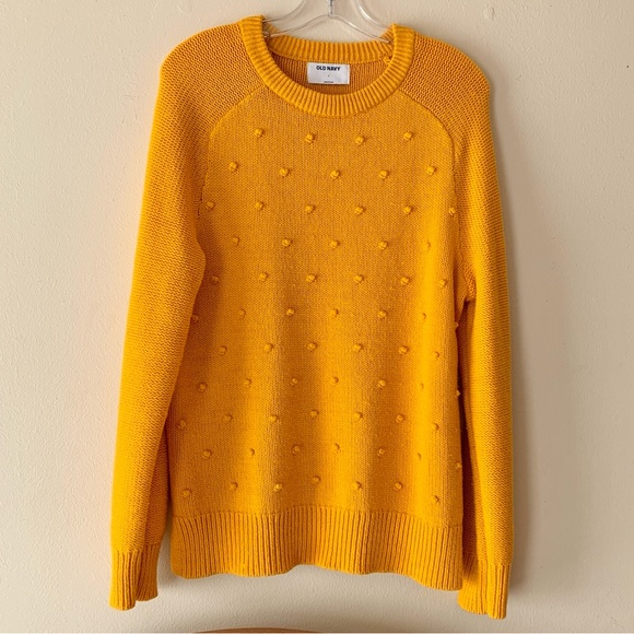 Old Navy Mustard Yellow Textured Fall Knit Sweater with Popcorn Stitch Pompoms L - Picture 1 of 11